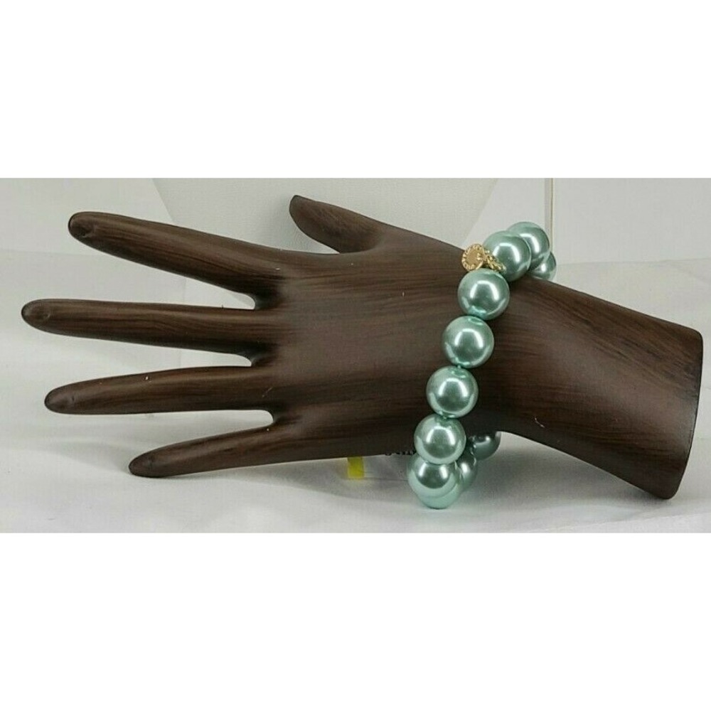 Charter Club Gold-Tone Imitation Pearl Stretch Bracelet / Bangle Aqua Blue NEW - Picture 3 of 6